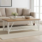 Natural Oak Top Coffee Table with Lower Shelf White Birch Wood Base, Parkside - Joe’s Haven