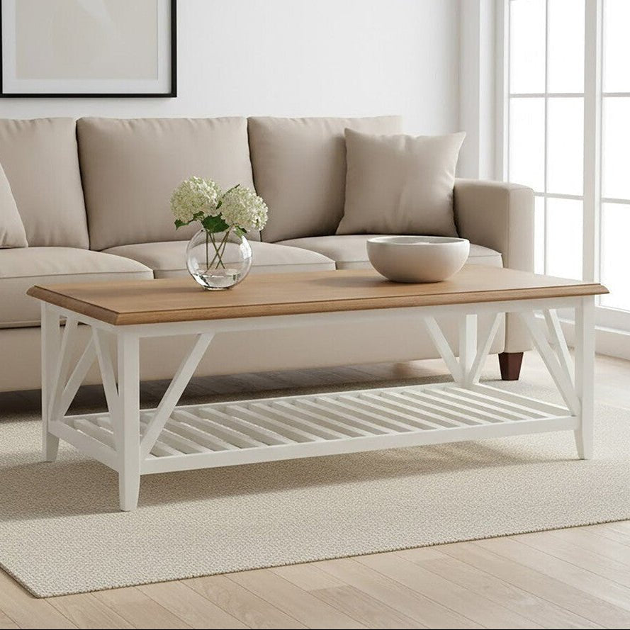 Natural Oak Top Coffee Table with Lower Shelf White Birch Wood Base, Parkside - Joe’s Haven