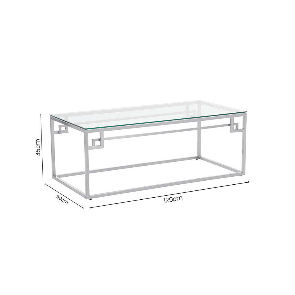 Silver Finish Tempered Glass Top Coffee Table with Stainless Steel Geometric Frame, Allure - Joe’s Haven