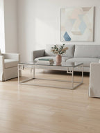 Silver Finish Tempered Glass Top Coffee Table with Stainless Steel Geometric Frame, Allure - Joe’s Haven