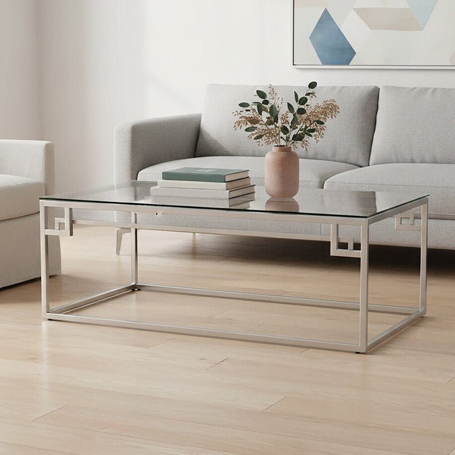 Silver Finish Tempered Glass Top Coffee Table with Stainless Steel Geometric Frame, Allure - Joe’s Haven