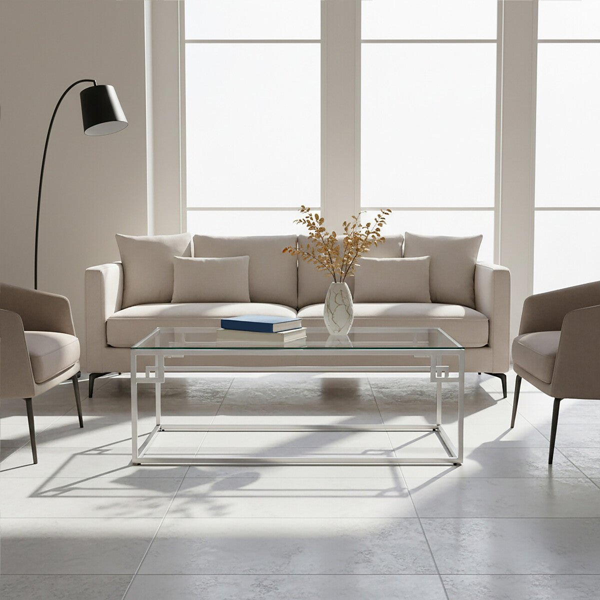 Silver Finish Tempered Glass Top Coffee Table with Stainless Steel Geometric Frame, Allure - Joe’s Haven