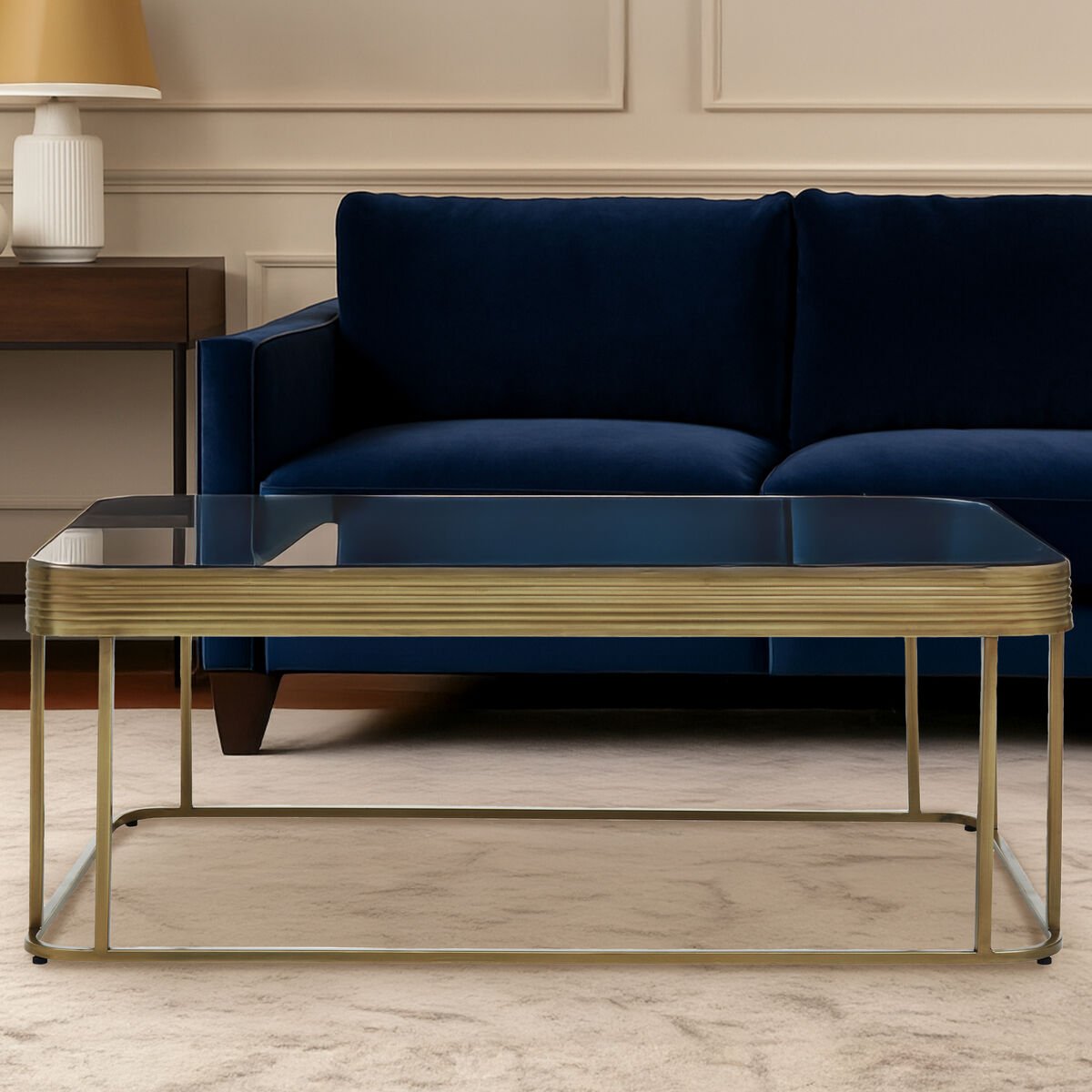 Gold Metal Coffee Table with Mirrored Top and Decorative Textured Edge, Ella - Joe’s Haven