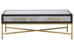 Grey Shagreen Effect Coffee Table with Two Drawers and Brushed Matte Gold Cross Leg Frame, Cadiz - Joe’s Haven