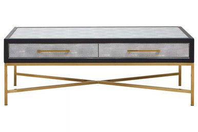 Grey Shagreen Effect Coffee Table with Two Drawers and Brushed Matte Gold Cross Leg Frame, Cadiz - Joe’s Haven