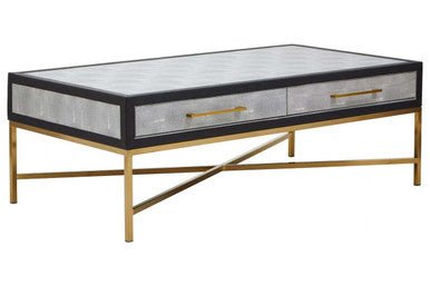Grey Shagreen Effect Coffee Table with Two Drawers and Brushed Matte Gold Cross Leg Frame, Cadiz - Joe’s Haven