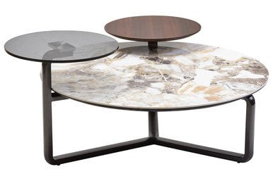 Green and Grey Marble Effect Ceramic Top 3 Tier Coffee Table with Grey Glass & Eucalyptus Veneer Shelves, Imperia - Joe’s Haven