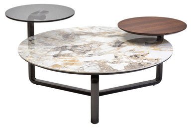 Green and Grey Marble Effect Ceramic Top 3 Tier Coffee Table with Grey Glass & Eucalyptus Veneer Shelves, Imperia - Joe’s Haven