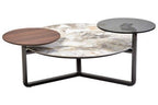 Green and Grey Marble Effect Ceramic Top 3 Tier Coffee Table with Grey Glass & Eucalyptus Veneer Shelves, Imperia - Joe’s Haven