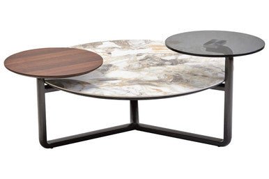 Green and Grey Marble Effect Ceramic Top 3 Tier Coffee Table with Grey Glass & Eucalyptus Veneer Shelves, Imperia - Joe’s Haven