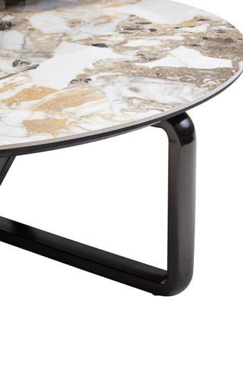 Green and Grey Marble Effect Ceramic Top 3 Tier Coffee Table with Grey Glass & Eucalyptus Veneer Shelves, Imperia - Joe’s Haven