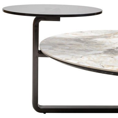 Green and Grey Marble Effect Ceramic Top 3 Tier Coffee Table with Grey Glass & Eucalyptus Veneer Shelves, Imperia - Joe’s Haven