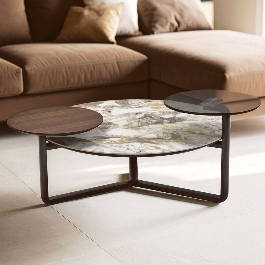 Green and Grey Marble Effect Ceramic Top 3 Tier Coffee Table with Grey Glass & Eucalyptus Veneer Shelves, Imperia - Joe’s Haven