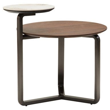 Brown Marble Effect Ceramic Top Round 2 - Tier Coffee Table with Eucalyptus Veneer Lower Shelf and Black Metal Legs, Imperia - Joe’s Haven