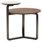 Brown Marble Effect Ceramic Top Round 2 - Tier Coffee Table with Eucalyptus Veneer Lower Shelf and Black Metal Legs, Imperia - Joe’s Haven