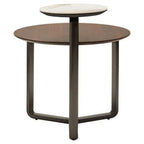 Brown Marble Effect Ceramic Top Round 2 - Tier Coffee Table with Eucalyptus Veneer Lower Shelf and Black Metal Legs, Imperia - Joe’s Haven