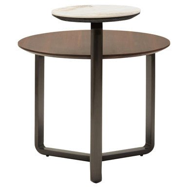 Brown Marble Effect Ceramic Top Round 2 - Tier Coffee Table with Eucalyptus Veneer Lower Shelf and Black Metal Legs, Imperia - Joe’s Haven