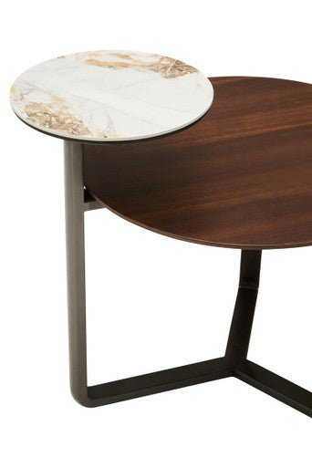 Brown Marble Effect Ceramic Top Round 2 - Tier Coffee Table with Eucalyptus Veneer Lower Shelf and Black Metal Legs, Imperia - Joe’s Haven