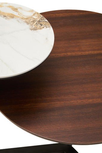 Brown Marble Effect Ceramic Top Round 2 - Tier Coffee Table with Eucalyptus Veneer Lower Shelf and Black Metal Legs, Imperia - Joe’s Haven