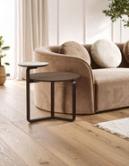 Brown Marble Effect Ceramic Top Round 2 - Tier Coffee Table with Eucalyptus Veneer Lower Shelf and Black Metal Legs, Imperia - Joe’s Haven