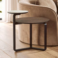 Brown Marble Effect Ceramic Top Round 2 - Tier Coffee Table with Eucalyptus Veneer Lower Shelf and Black Metal Legs, Imperia - Joe’s Haven