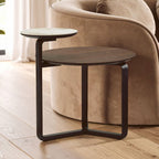 Brown Marble Effect Ceramic Top Round 2 - Tier Coffee Table with Eucalyptus Veneer Lower Shelf and Black Metal Legs, Imperia - Joe’s Haven