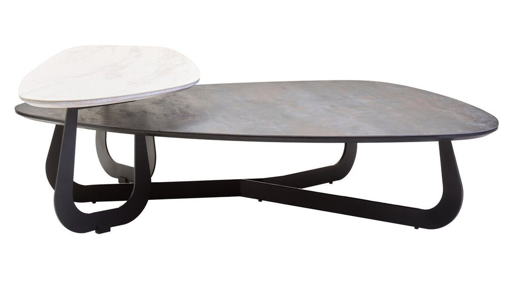 Grey and White Marble Effect Ceramic Tops Large 2 - Tier Asymmetrical Coffee Table with Black Metal Base, Imperia - Joe’s Haven