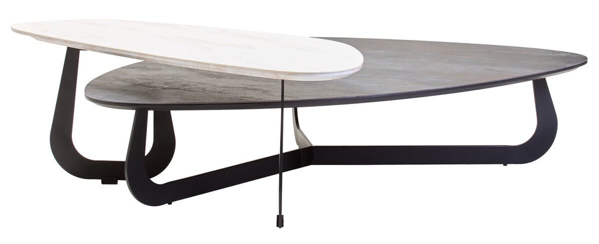 Grey and White Marble Effect Ceramic Tops Large 2 - Tier Asymmetrical Coffee Table with Black Metal Base, Imperia - Joe’s Haven