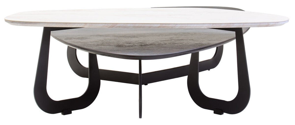Grey and White Marble Effect Ceramic Tops Large 2 - Tier Asymmetrical Coffee Table with Black Metal Base, Imperia - Joe’s Haven