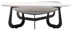 Grey and White Marble Effect Ceramic Tops Large 2 - Tier Asymmetrical Coffee Table with Black Metal Base, Imperia - Joe’s Haven