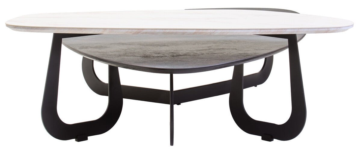 Grey and White Marble Effect Ceramic Tops Large 2 - Tier Asymmetrical Coffee Table with Black Metal Base, Imperia - Joe’s Haven