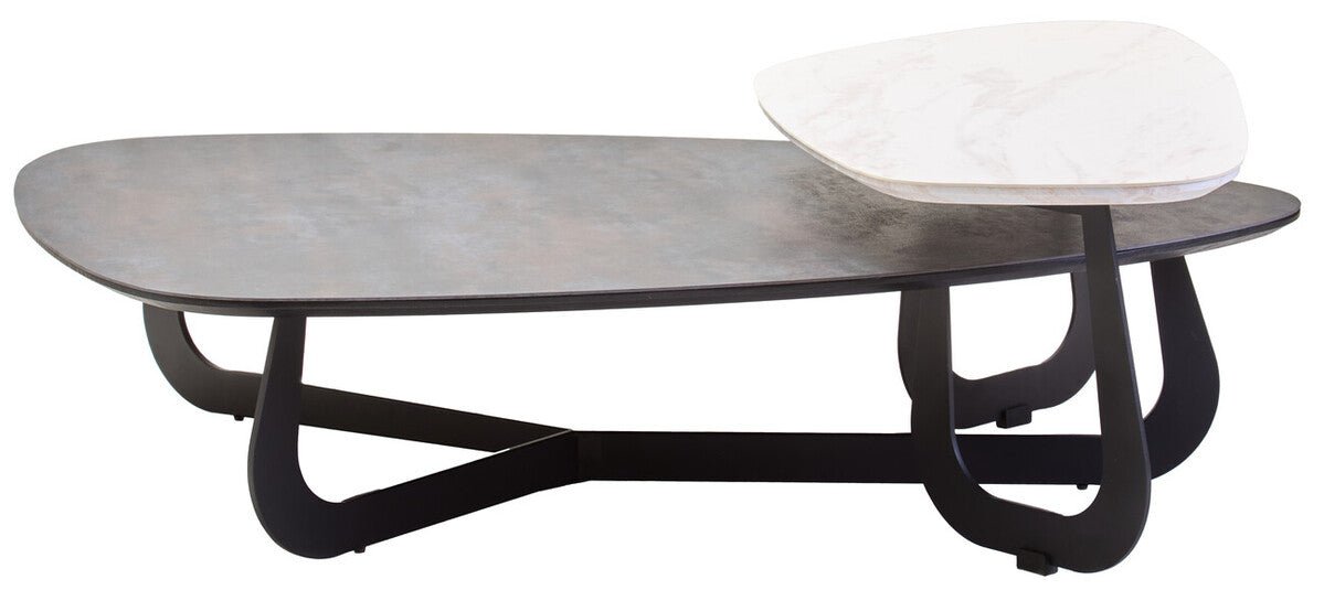 Grey and White Marble Effect Ceramic Tops Large 2 - Tier Asymmetrical Coffee Table with Black Metal Base, Imperia - Joe’s Haven