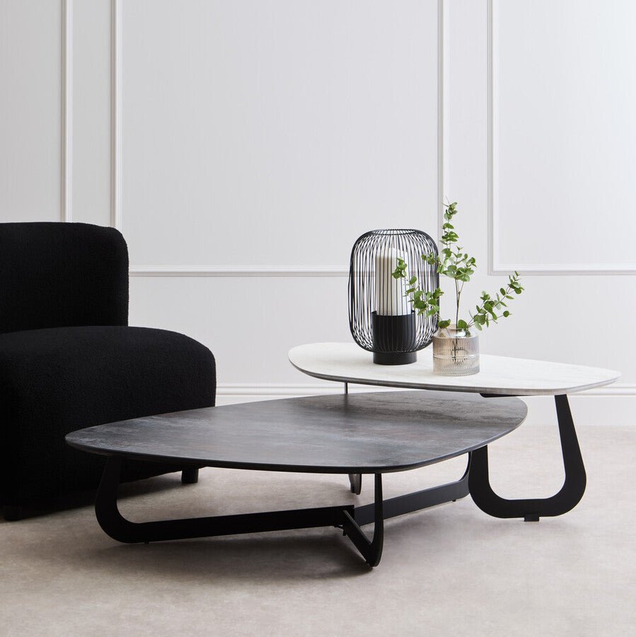 Grey and White Marble Effect Ceramic Tops Large 2 - Tier Asymmetrical Coffee Table with Black Metal Base, Imperia - Joe’s Haven