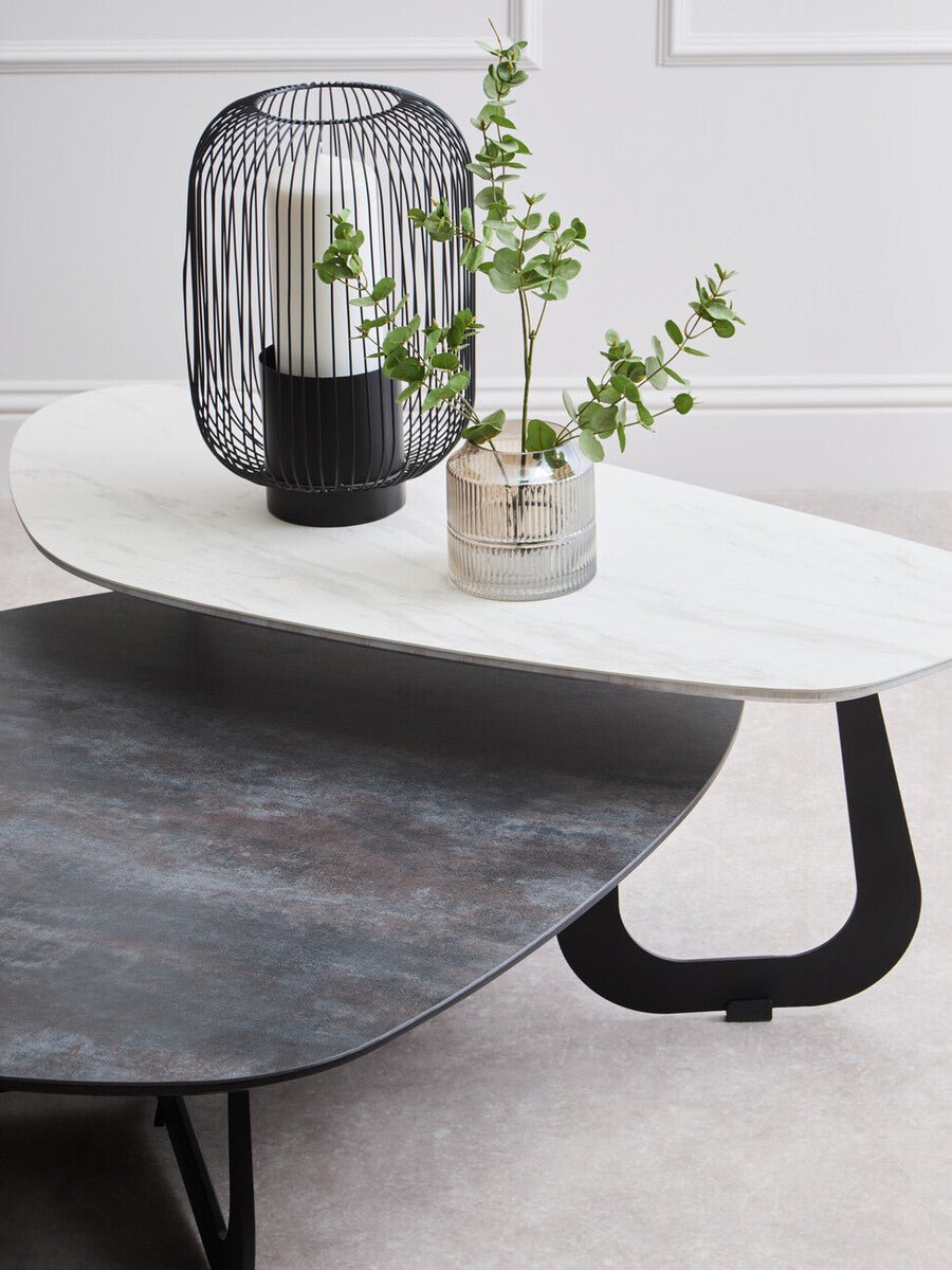 Grey and White Marble Effect Ceramic Tops Large 2 - Tier Asymmetrical Coffee Table with Black Metal Base, Imperia - Joe’s Haven