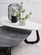 Grey and White Marble Effect Ceramic Tops Large 2 - Tier Asymmetrical Coffee Table with Black Metal Base, Imperia - Joe’s Haven