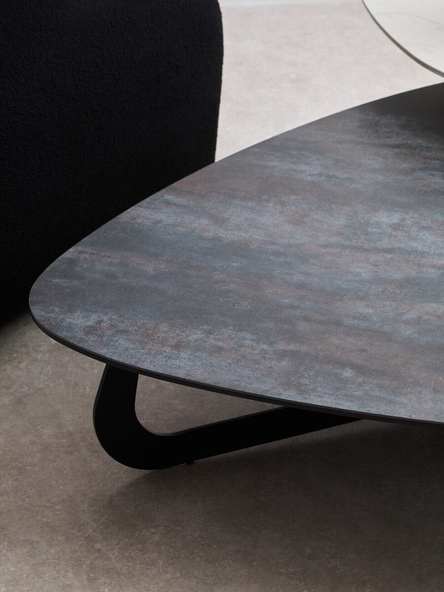 Grey and White Marble Effect Ceramic Tops Large 2 - Tier Asymmetrical Coffee Table with Black Metal Base, Imperia - Joe’s Haven