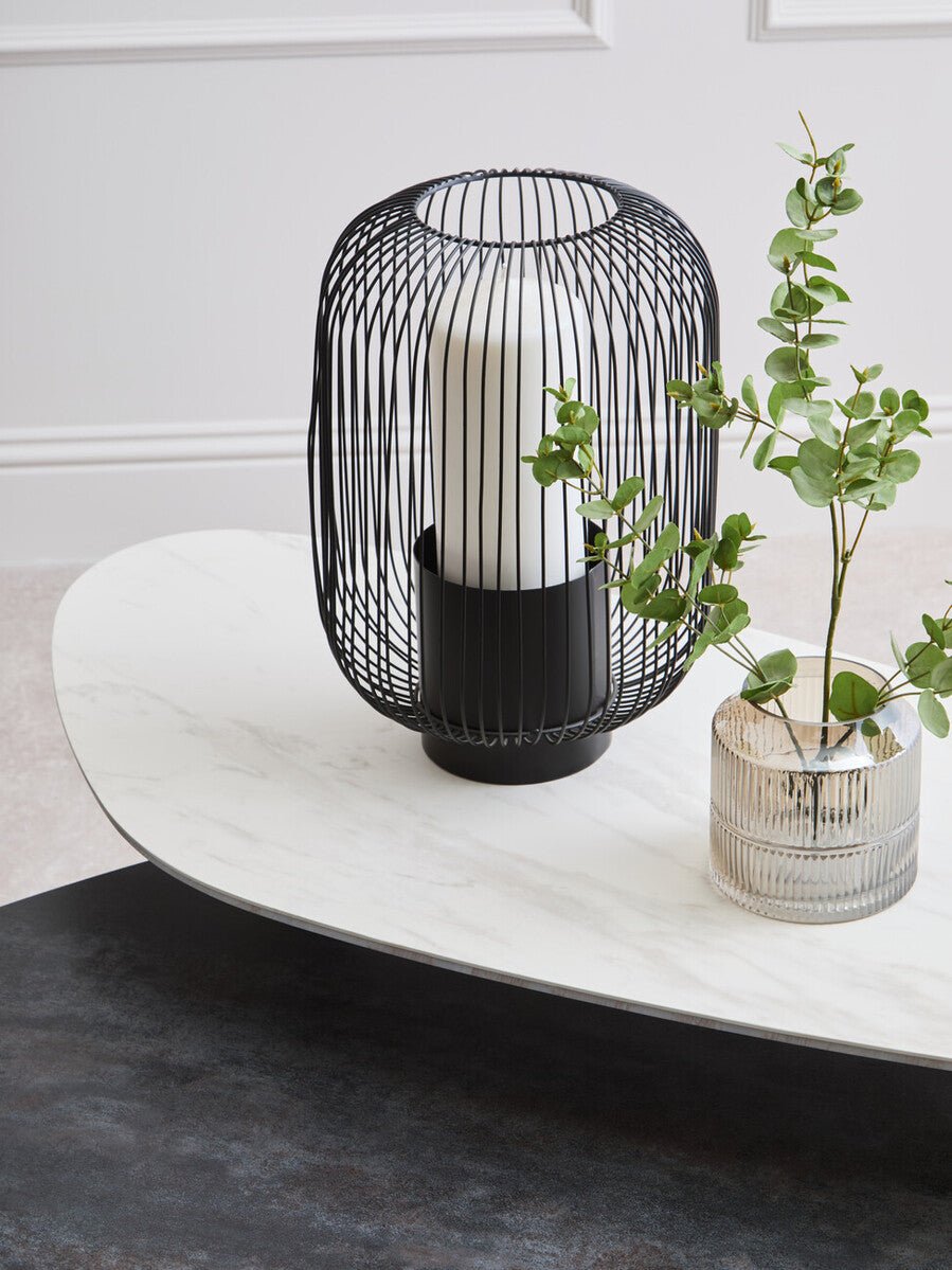 Grey and White Marble Effect Ceramic Tops Large 2 - Tier Asymmetrical Coffee Table with Black Metal Base, Imperia - Joe’s Haven