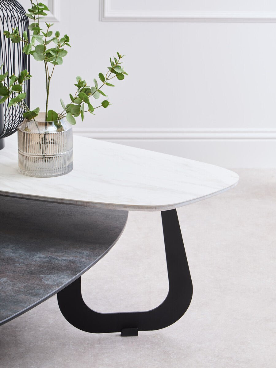 Grey and White Marble Effect Ceramic Tops Large 2 - Tier Asymmetrical Coffee Table with Black Metal Base, Imperia - Joe’s Haven