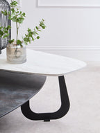 Grey and White Marble Effect Ceramic Tops Large 2 - Tier Asymmetrical Coffee Table with Black Metal Base, Imperia - Joe’s Haven