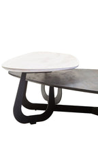 Grey and White Marble Effect Ceramic Tops Large 2 - Tier Asymmetrical Coffee Table with Black Metal Base, Imperia - Joe’s Haven
