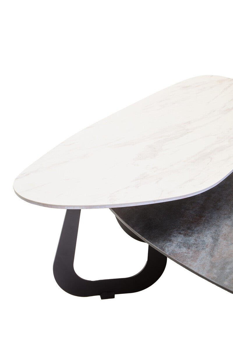 Grey and White Marble Effect Ceramic Tops Large 2 - Tier Asymmetrical Coffee Table with Black Metal Base, Imperia - Joe’s Haven