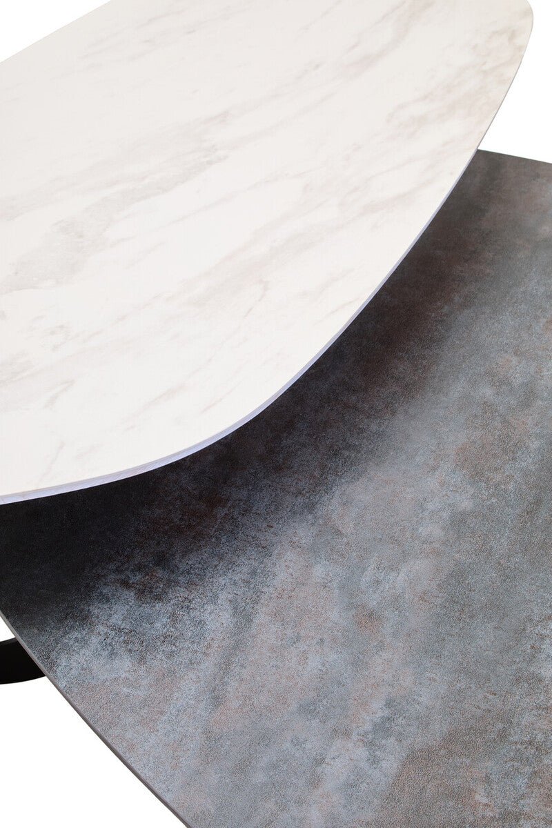 Grey and White Marble Effect Ceramic Tops Large 2 - Tier Asymmetrical Coffee Table with Black Metal Base, Imperia - Joe’s Haven
