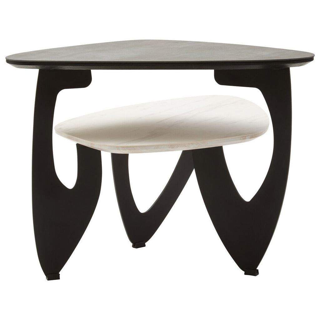 Grey and White Marble Effect Ceramic Tops Small 2 - Tier Asymmetrical Coffee Table with Black Metal Base, Imperia - Joe’s Haven