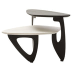 Grey and White Marble Effect Ceramic Tops Small 2 - Tier Asymmetrical Coffee Table with Black Metal Base, Imperia - Joe’s Haven
