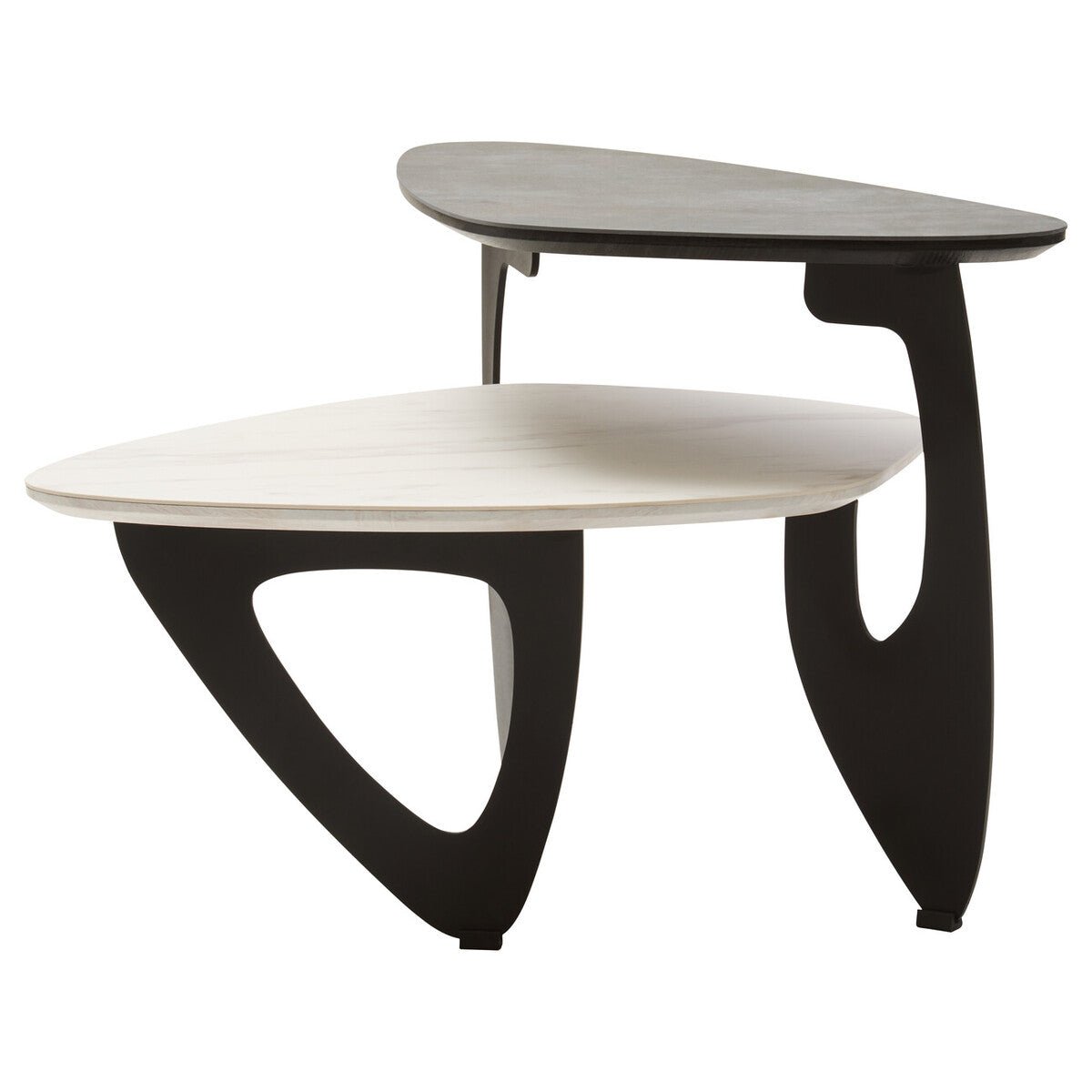 Grey and White Marble Effect Ceramic Tops Small 2 - Tier Asymmetrical Coffee Table with Black Metal Base, Imperia - Joe’s Haven