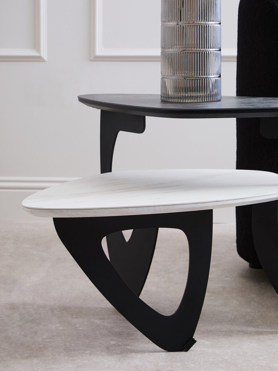 Grey and White Marble Effect Ceramic Tops Small 2 - Tier Asymmetrical Coffee Table with Black Metal Base, Imperia - Joe’s Haven