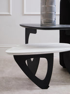 Grey and White Marble Effect Ceramic Tops Small 2 - Tier Asymmetrical Coffee Table with Black Metal Base, Imperia - Joe’s Haven