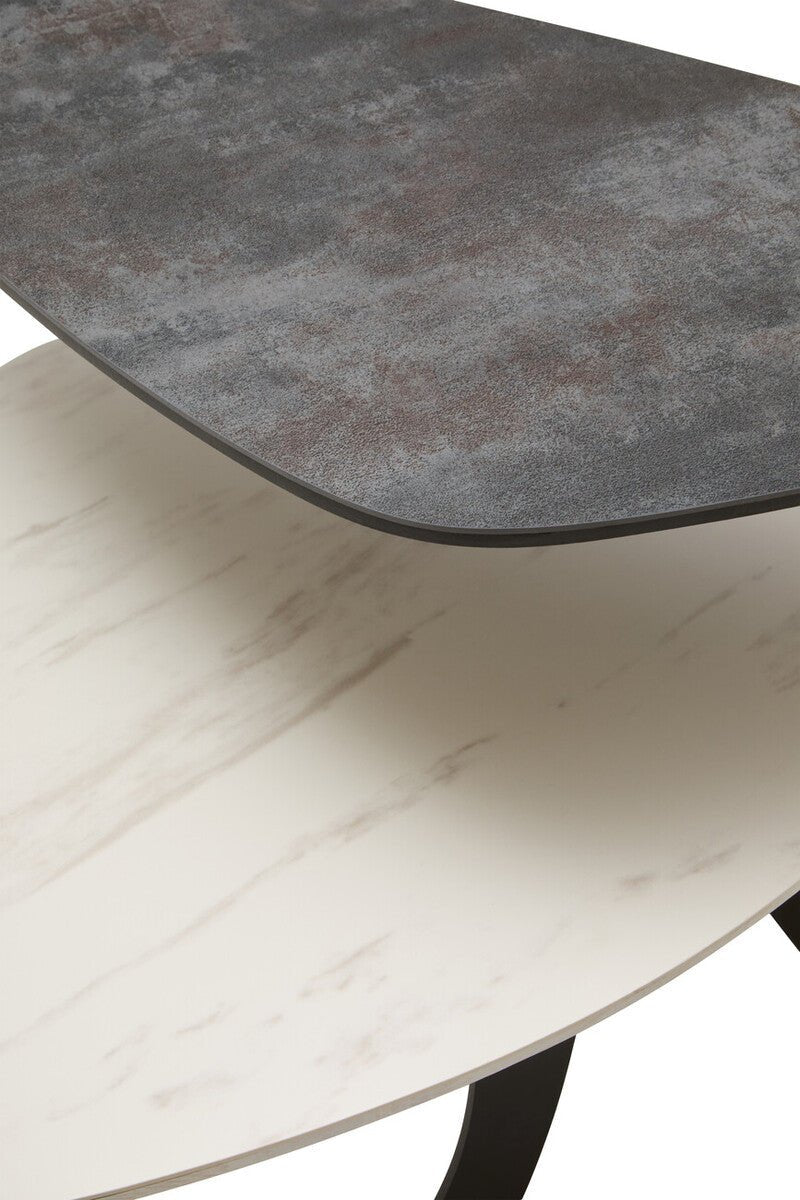 Grey and White Marble Effect Ceramic Tops Small 2 - Tier Asymmetrical Coffee Table with Black Metal Base, Imperia - Joe’s Haven