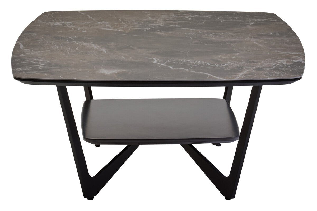 Grey Marble Effect Ceramic Top Coffee Table with Black Metal Legs and Lower Shelf, Imperia - Joe’s Haven