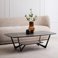 Grey Marble Effect Ceramic Top Coffee Table with Black Metal Legs and Lower Shelf, Imperia - Joe’s Haven